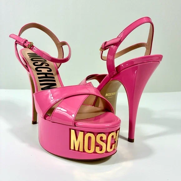 Moschino Logo Leather Platform Stiletto Sandals Heels Pink Gold NEW